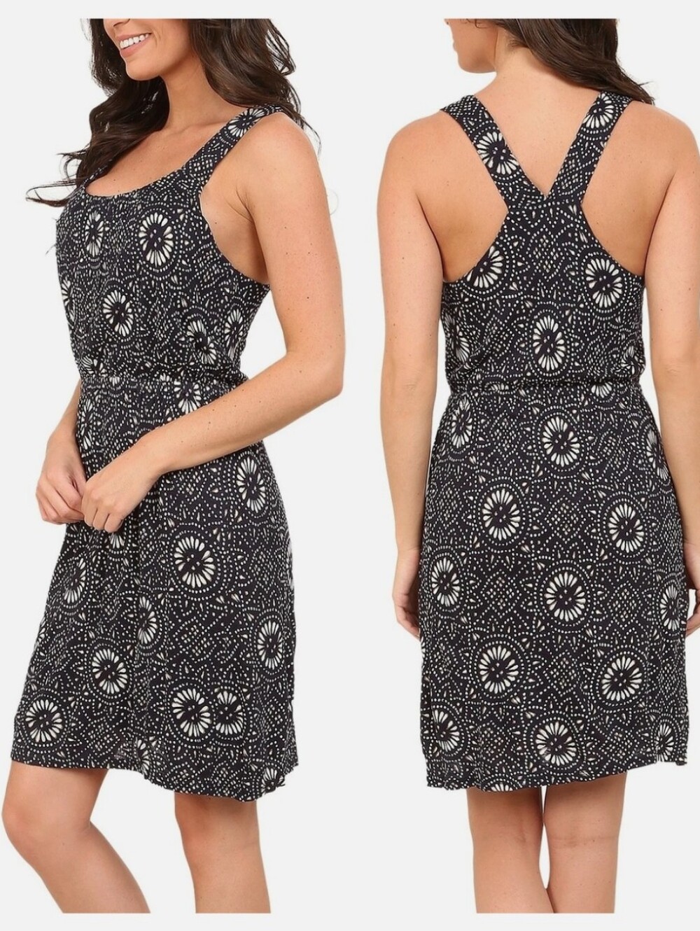 Lucky Brand Navy Blue and Cream Printed Racerback Dress - Size XS